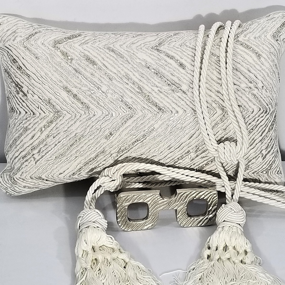 Pier 1 Cream w/Silver Beading & Thread Pillow EUC